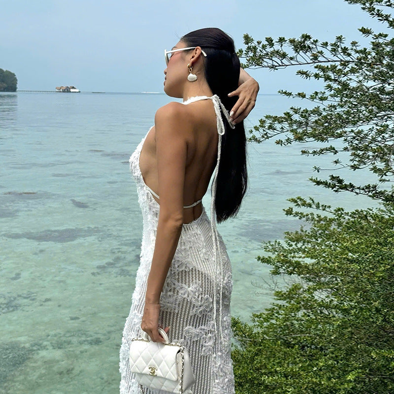 White Crochet Halter Maxi Dress