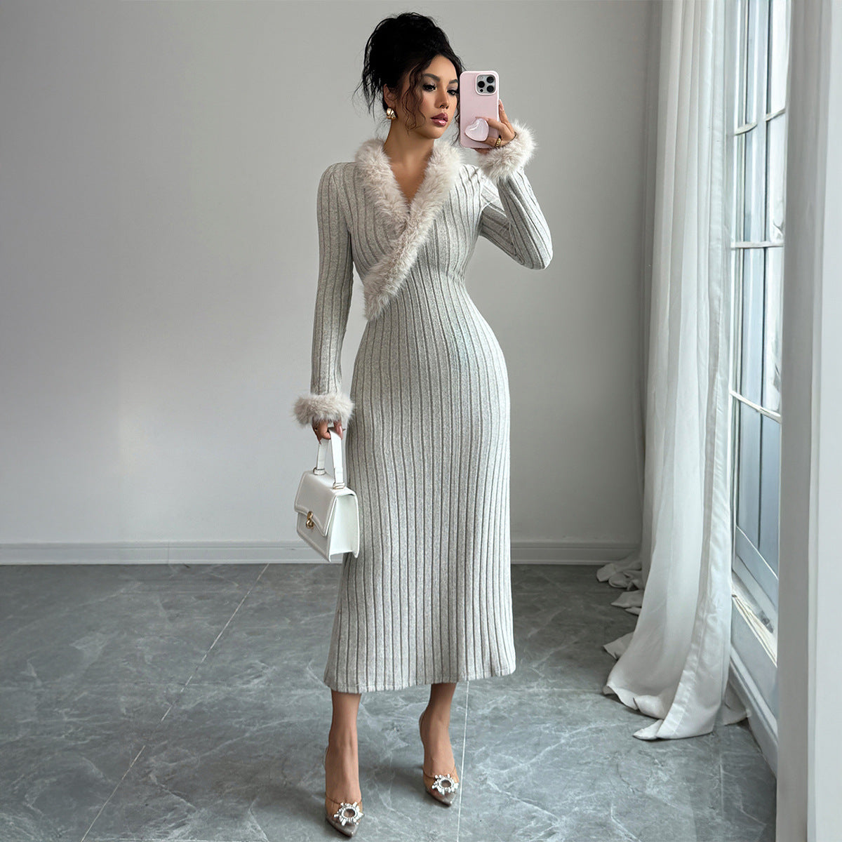 Grey Ribbed Knit Midi Dress with Faux Fur Trim - Luxury Winter Wear
