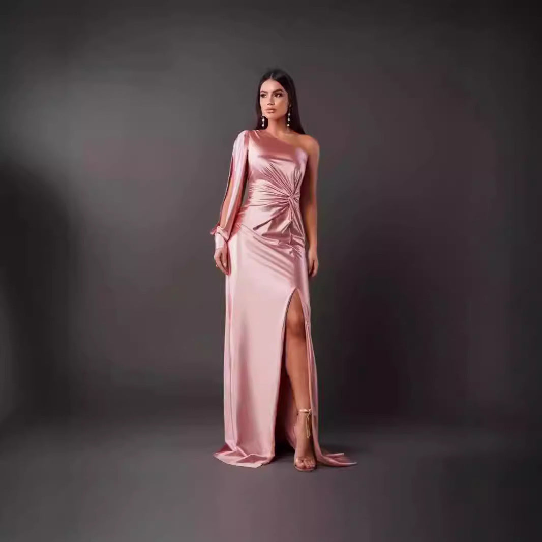 Black Diagonal Collar Split Maxi Dress - Elegant Evening Wear