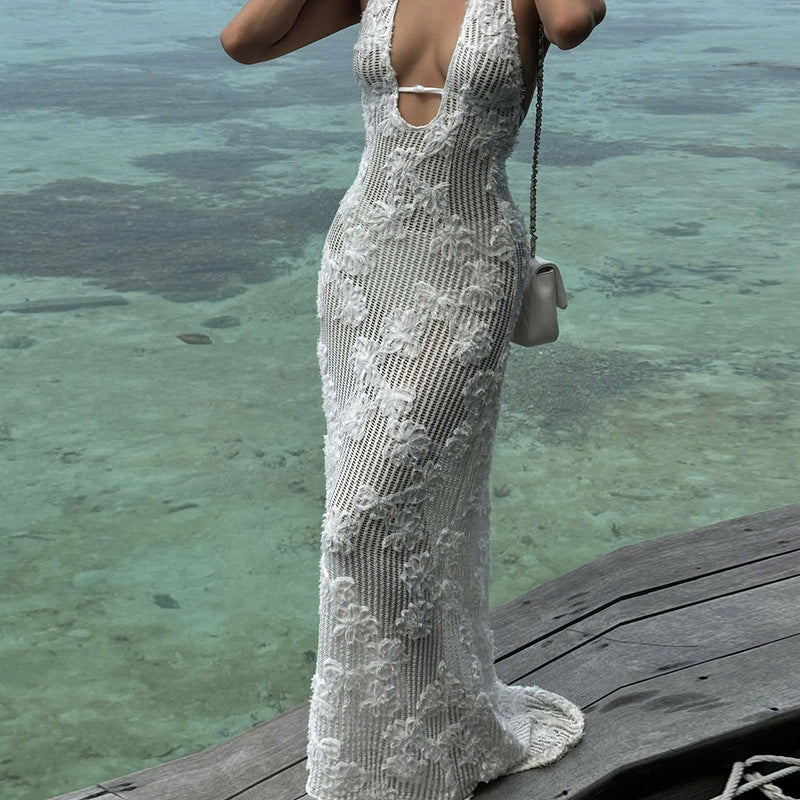 White Crochet Halter Maxi Dress