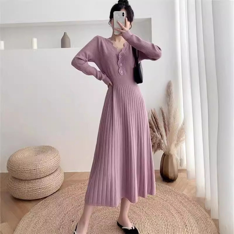 Striped Lower Hem Mid-Length Dress - Elegant Temperament Dress