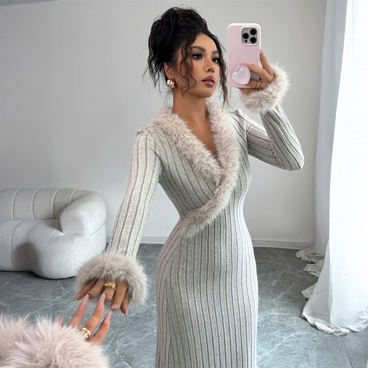 Grey Ribbed Knit Midi Dress with Faux Fur Trim - Luxury Winter Wear