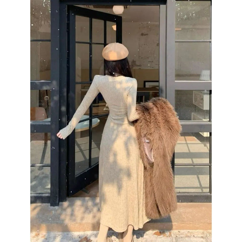 V-Neck Knitted French Midi Dress - Elegant Slim Fit Dress