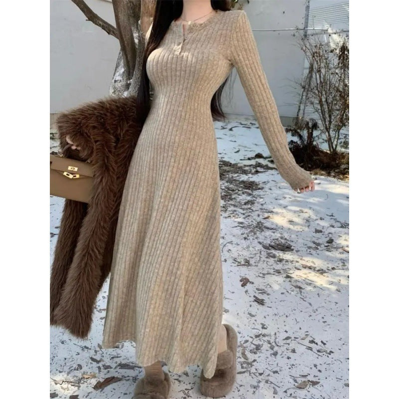 V-Neck Knitted French Midi Dress - Elegant Slim Fit Dress
