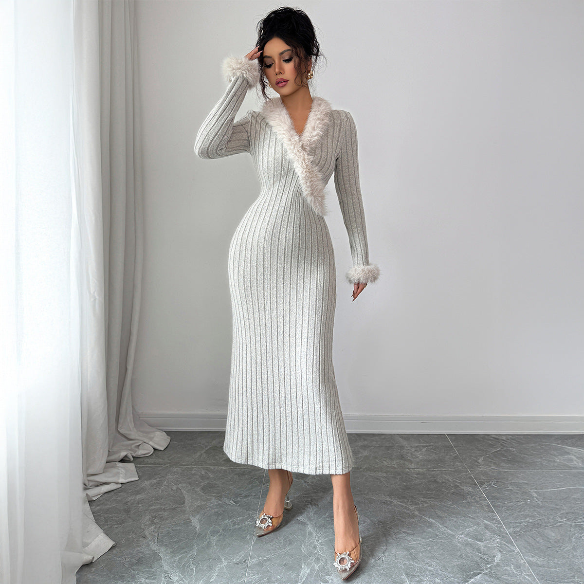 Grey Ribbed Knit Midi Dress with Faux Fur Trim - Luxury Winter Wear