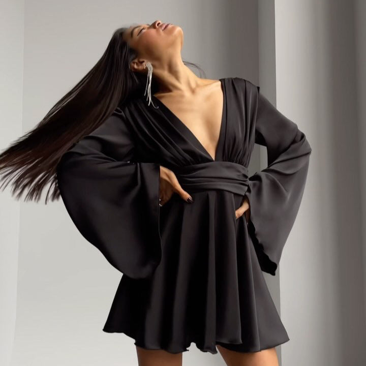 Women's Solid Color Long Sleeve Midi Dress - Elegant Casual Wear