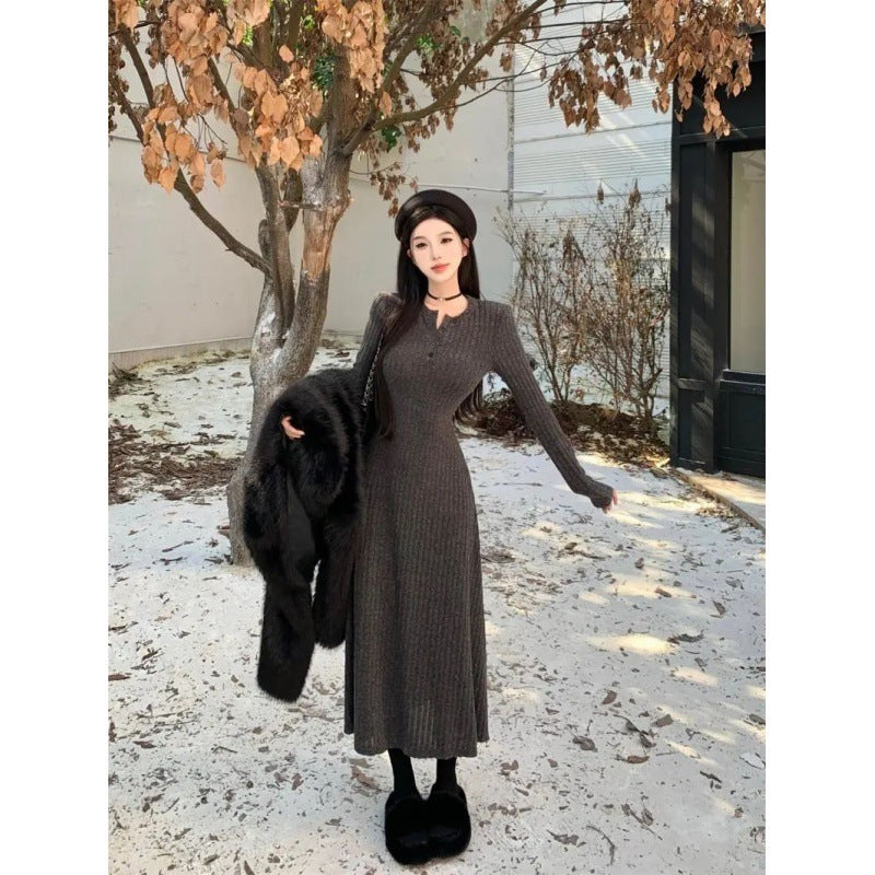 V-Neck Knitted French Midi Dress - Elegant Slim Fit Dress