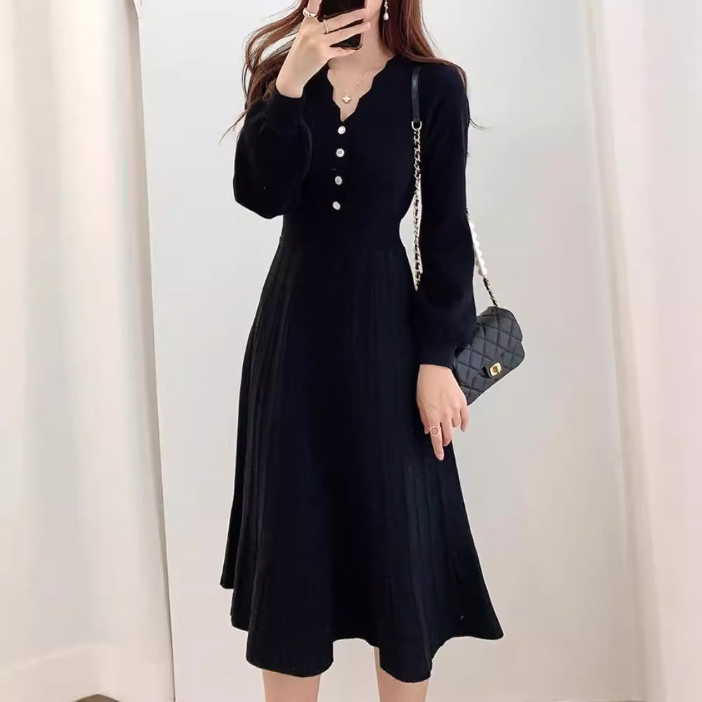 Striped Lower Hem Mid-Length Dress - Elegant Temperament Dress