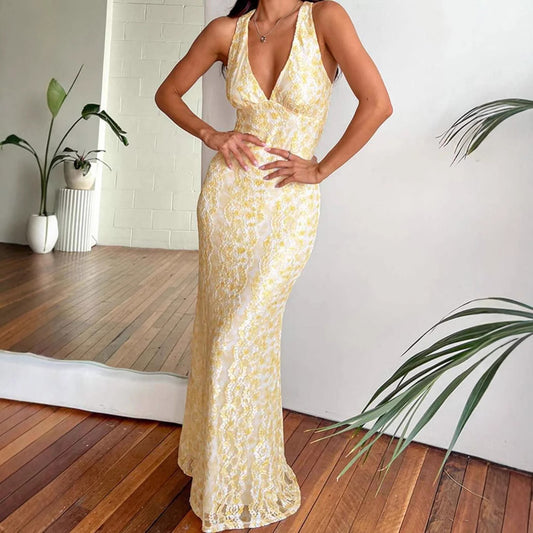 V-Neck Backless Lace Dress