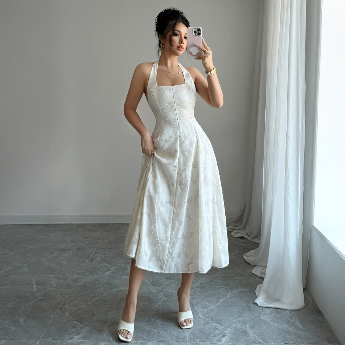 White Crochet Halter Maxi Dress - Beach Vacation Resort Wear