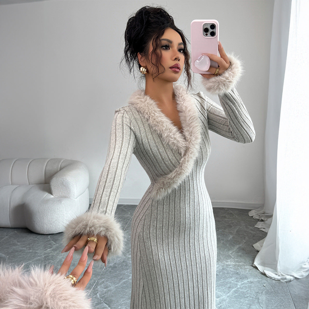 Grey Ribbed Knit Midi Dress with Faux Fur Trim - Luxury Winter Wear