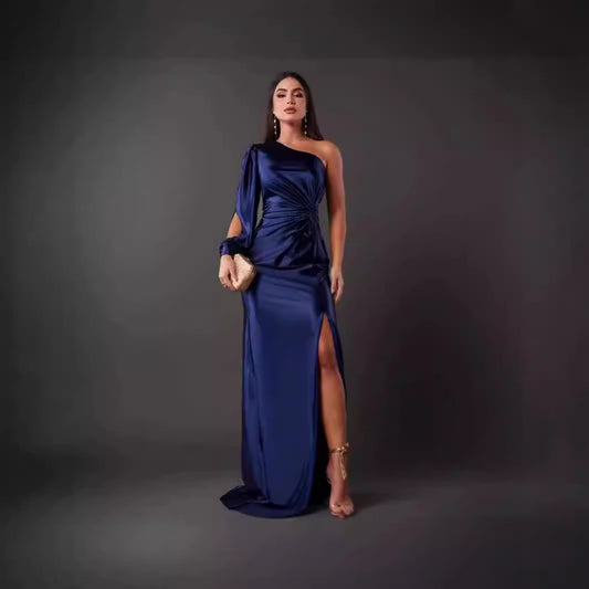 Black Diagonal Collar Split Maxi Dress - Elegant Evening Wear