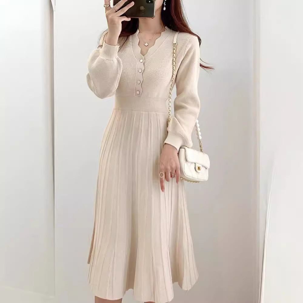 Striped Lower Hem Mid-Length Dress - Elegant Temperament Dress