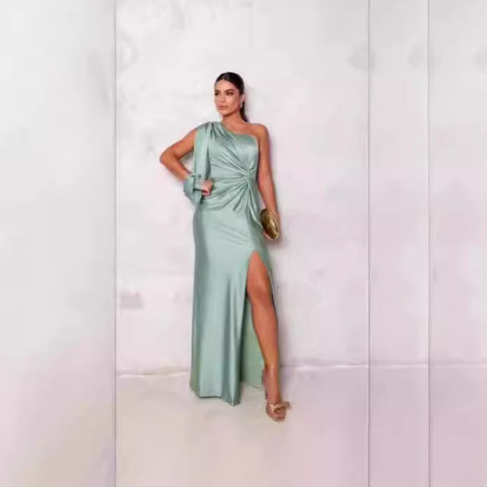 Black Diagonal Collar Split Maxi Dress - Elegant Evening Wear