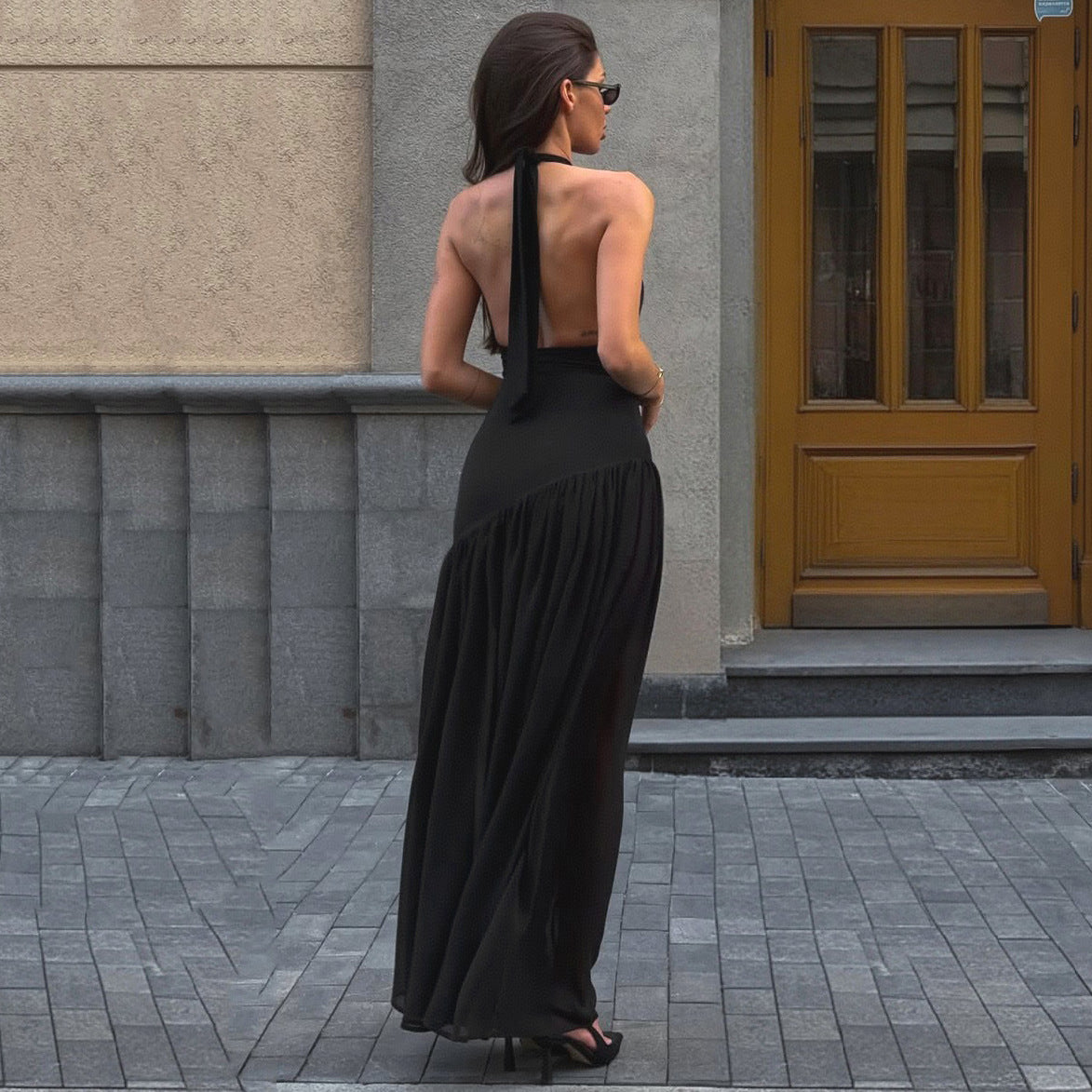 Black Halter Backless Maxi Dress - Elegant Evening Wear