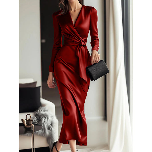 Burgundy Satin - Midi Dress