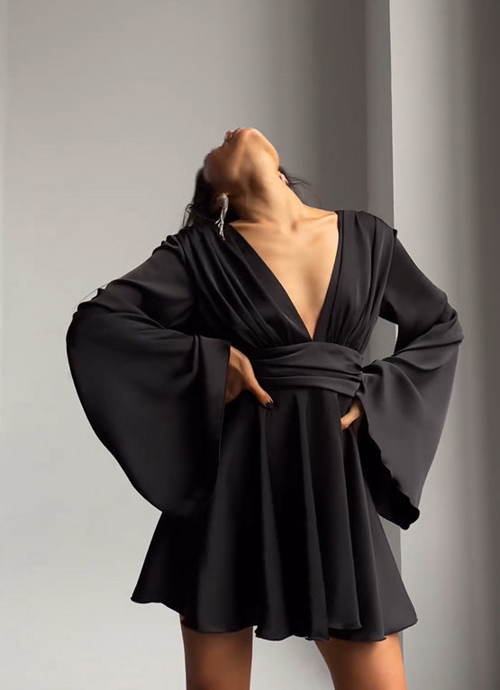 Women's Solid Color Long Sleeve Midi Dress - Elegant Casual Wear