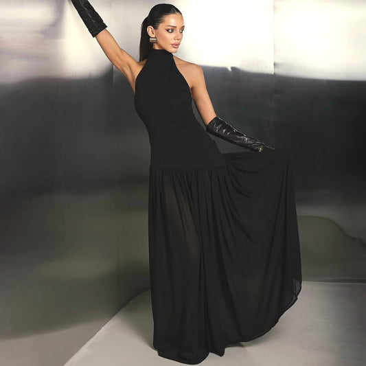 Black Halter Backless Maxi Dress - Elegant Evening Wear