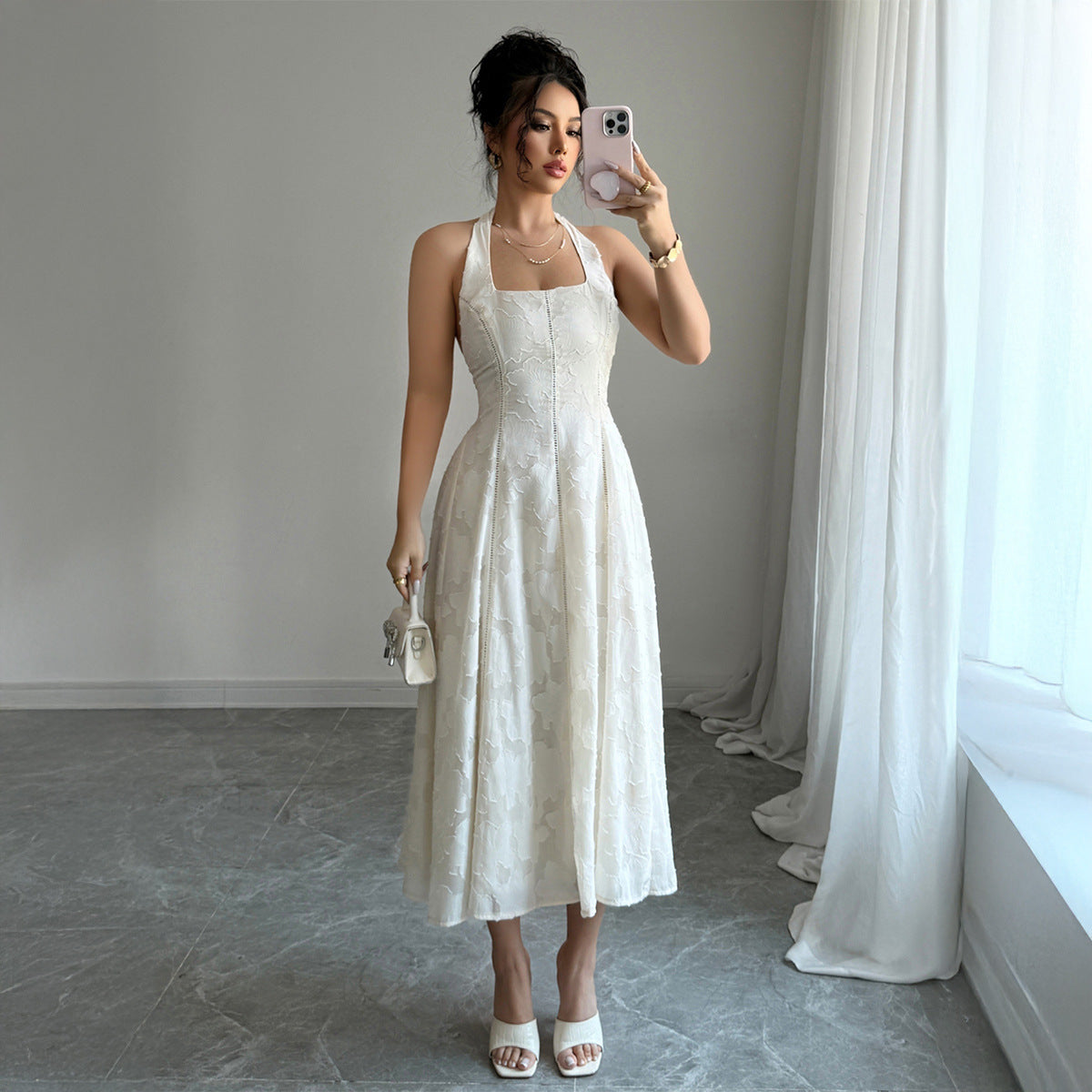 White Crochet Halter Maxi Dress - Beach Vacation Resort Wear