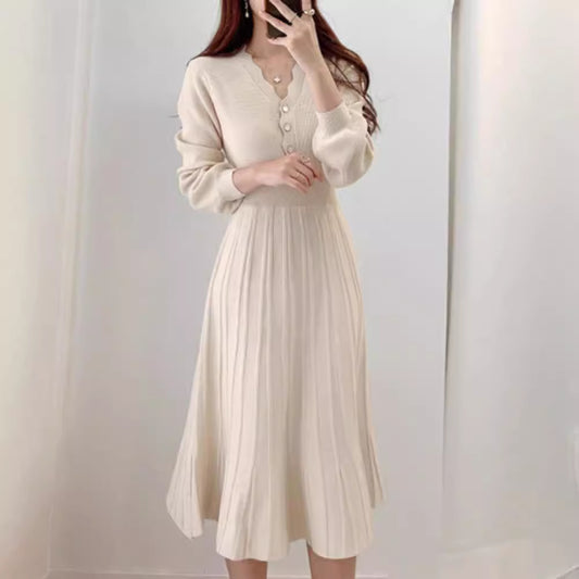 Striped Lower Hem Mid-Length Dress - Elegant Temperament Dress