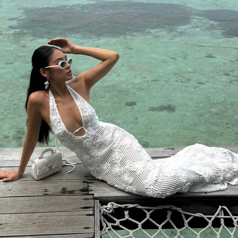 White Crochet Halter Maxi Dress
